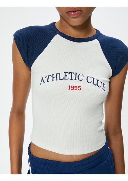 Crop Spor Tişört Baskılı Bisiklet Yaka Reglan Kollu Slim Fit indirimleri