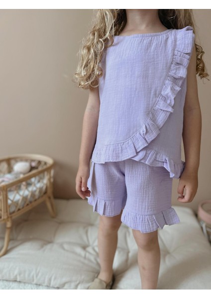 Yigit Butik Müslin Kumaş Fırfırlı Şortlu Kız Çocuk Takım