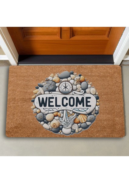 Çakıl Taşları ve Pusula Welcome Kapı Önü Paspası 45X70CM