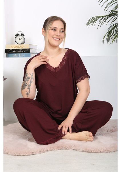 Xlmodam Kadın Büyük Beden Dantelli Likralı Pijama Takım