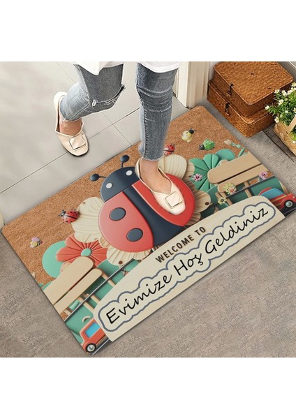 Uğur Böceği ve Kırmızı Vosvos Evimize Hoş Geldiniz Kapı Önü Paspası 45X70CM