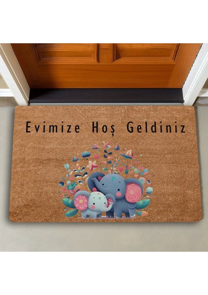 Sevimli Yavru Filler ve Çiçekler Evimize Hoş Geldiniz Kapı Önü Paspası 45X70CM