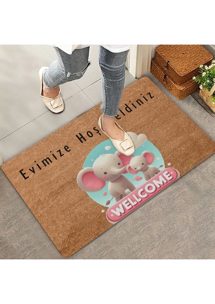 Sevimli Pembe Yavru Filler Evimize Hoş Geldiniz Kapı Önü Paspası 45X70CM