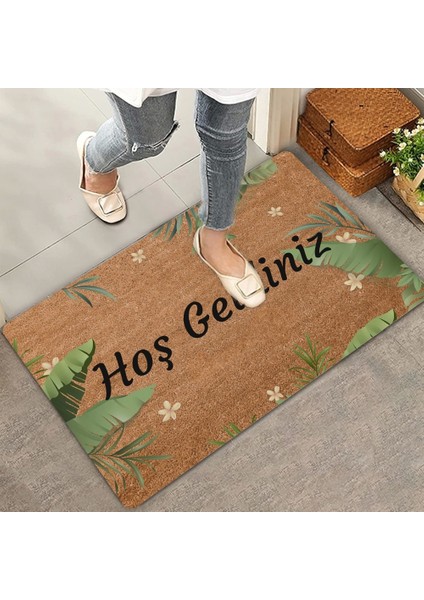 Tropikal Yaprağı ve Beyaz Hatmi Çiçeği Hoş Geldiniz Kapı Önü Paspası 45X70CM