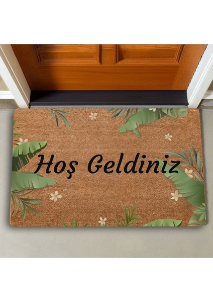 Tropikal Yaprağı ve Beyaz Hatmi Çiçeği Hoş Geldiniz Kapı Önü Paspası 45X70CM
