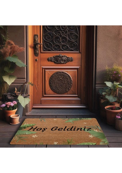 Tropikal Yaprağı ve Beyaz Hatmi Çiçeği Hoş Geldiniz Kapı Önü Paspası 45X70CM