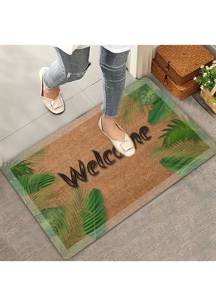 Beyaz Çerçeveli Palmiye Yaprakları Welcome Kapı Önü Paspası 45X70CM