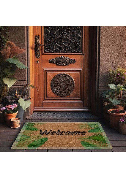 Beyaz Çerçeveli Palmiye Yaprakları Welcome Kapı Önü Paspası 45X70CM modelleri