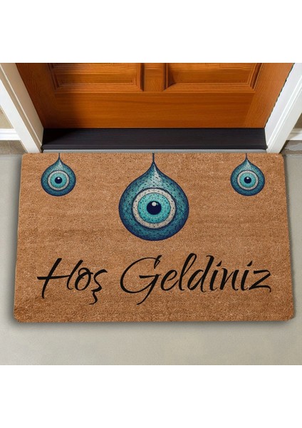 Bize Nazar Değmesin Üçlü Nazar Boncuğu Hoş Geldiniz Kapı Önü Paspası 45X70CM
