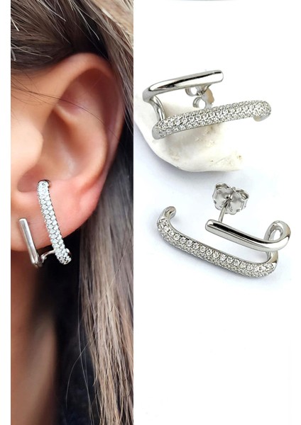 Pırlanta Parlaklıgında Zirkon Taşlı 925AYAR Gümüş Tasarım Küpe