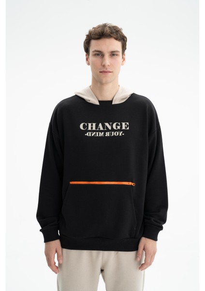 Erkek Önden Fermuar Kanguru Cepli Oversize Şardonsuz 3 İplik Kapşonlu Sweatshirt K26254626601
