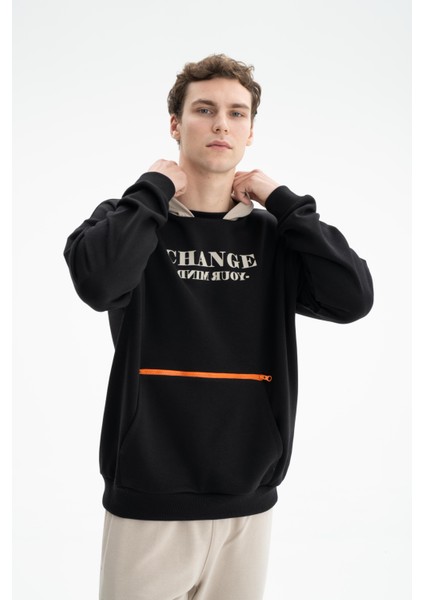 Erkek Önden Fermuar Kanguru Cepli Oversize Şardonsuz 3 İplik Kapşonlu Sweatshirt K26254626601 modelleri