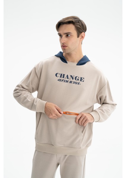 Erkek Önden Fermuar Kanguru Cepli Oversize Şardonsuz 3 İplik Kapşonlu Sweatshirt K26254626601 modelleri