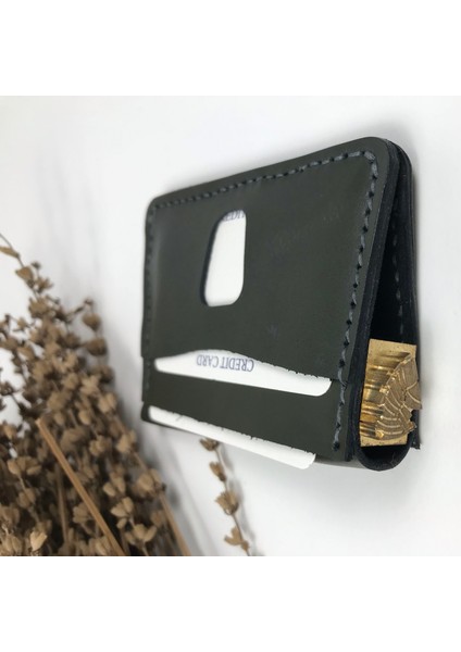 Deri Erkek Kartlık Design Haki Renk