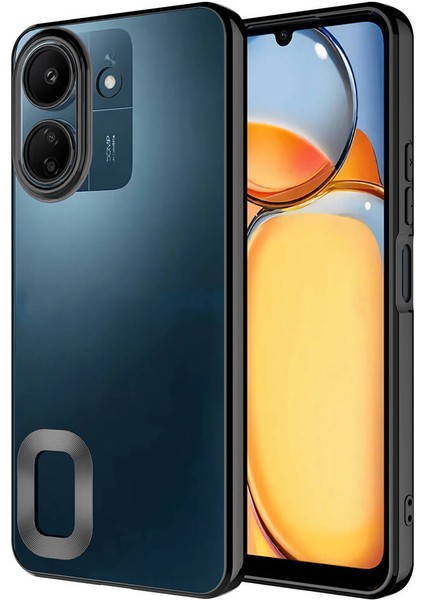 Xiaomi Poco C65 Kapak Yanları Renkli Lens Korumalı Logo Gösteren Şeffaf Luxury Silikon Kılıf - Siyah