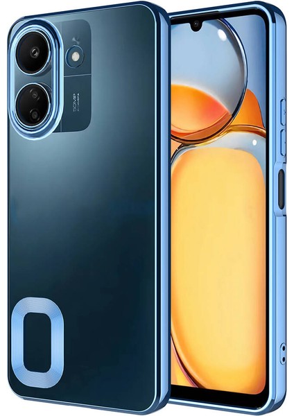 Xiaomi Poco C65 Kapak Yanları Renkli Lens Korumalı Logo Gösteren Şeffaf Luxury Silikon Kılıf - Mavi