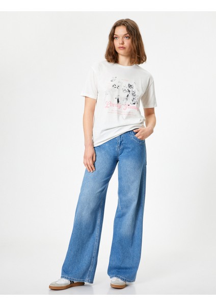 Kedi Baskılı Tişört Bisiklet Yaka Oversize Kısa Kollu Pamuklu