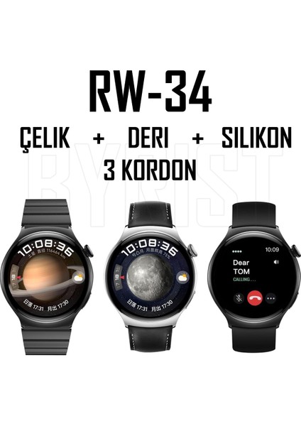 Rw-34 Kavisli Curved Amoled Ekran 46MM 3 Kordon Watch 4 Akıllı Saat - Siyah