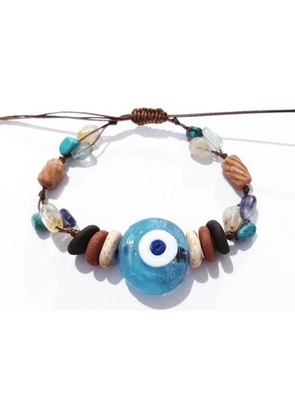El Yapımı Cam Nazar ve Toprak Boncuklu Amorf Sitrin Florit Firuze Doğaltaşlı Bileklik