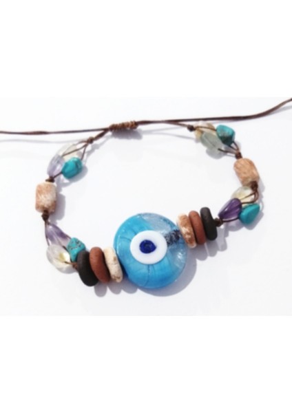 El Yapımı Cam Nazar ve Toprak Boncuklu Amorf Sitrin Florit Firuze Doğaltaşlı Bileklik fiyatları