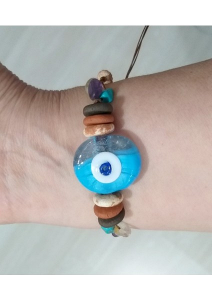 El Yapımı Cam Nazar ve Toprak Boncuklu Amorf Sitrin Florit Firuze Doğaltaşlı Bileklik modelleri