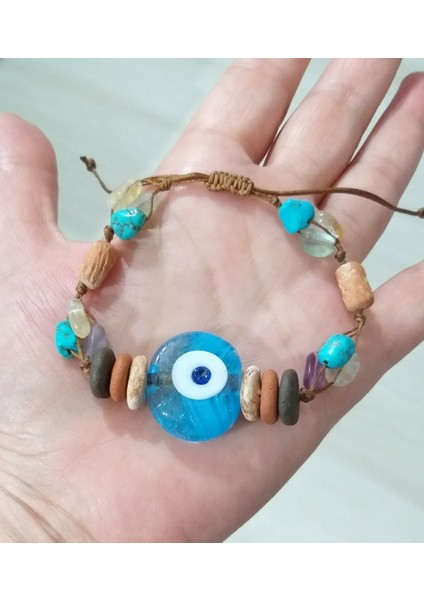 El Yapımı Cam Nazar ve Toprak Boncuklu Amorf Sitrin Florit Firuze Doğaltaşlı Bileklik fırsatları
