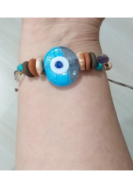 El Yapımı Cam Nazar ve Toprak Boncuklu Amorf Sitrin Florit Firuze Doğaltaşlı Bileklik indirimleri