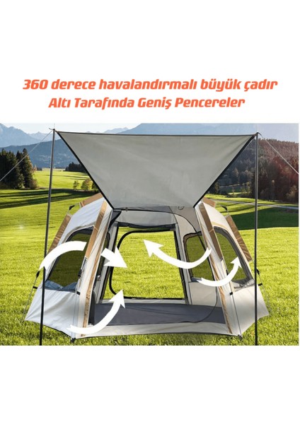 Tam Otomatik Su ve Rüzgar Geçirmez Gölgelikli Altıgen Aile Çadırı 280X240X155 cm