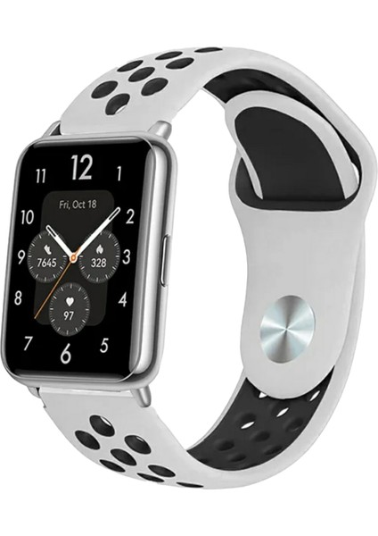 Huawei Watch Fit Uyumlu Delikli Spor Silikon Kordon Pim Çevirici Aparatı ile Birlikte Beyaz Siyah