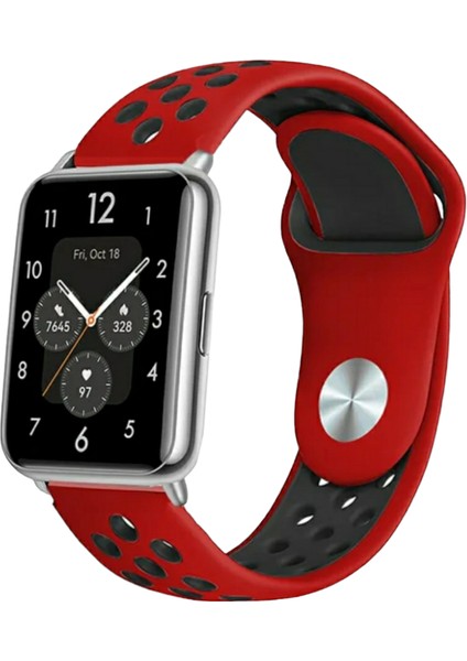 Huawei Watch Fit Uyumlu Delikli Spor Silikon Kordon Pim Çevirici Aparatı ile Birlikte Kırmızı Siyah