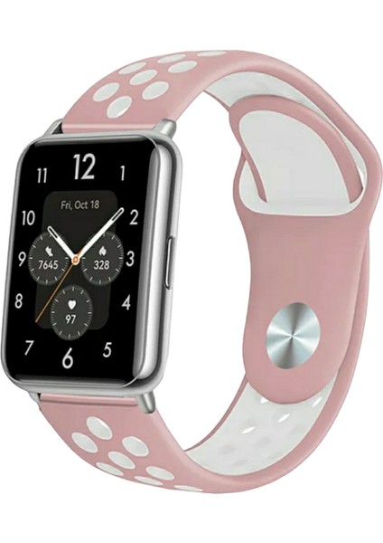 Huawei Watch Fit Uyumlu Delikli Spor Silikon Kordon Pim Çevirici Aparatı ile Birlikte Pembe Beyaz