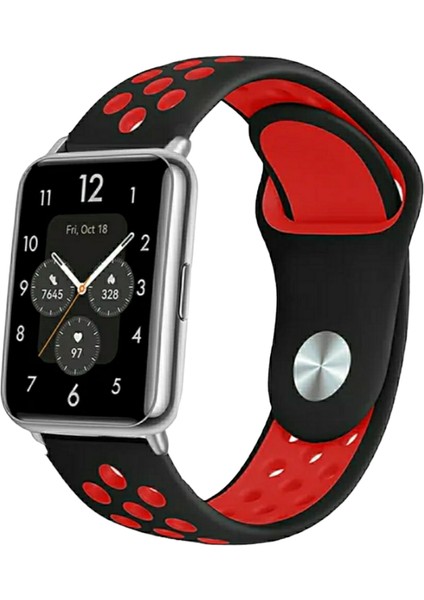 Huawei Watch Fit Uyumlu Delikli Spor Silikon Kordon Pim Çevirici Aparatı ile Birlikte Siyah Kırmızı