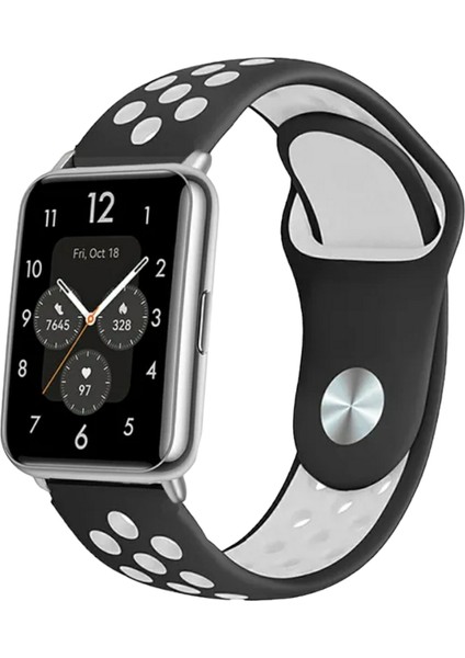 Huawei Watch Fit Uyumlu Delikli Spor Silikon Kordon Pim Çevirici Aparatı ile Birlikte Siyah Beyaz