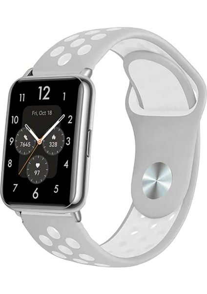 Huawei Watch Fit Uyumlu Delikli Spor Silikon Kordon Pim Çevirici Aparatı ile Birlikte Gri Beyaz