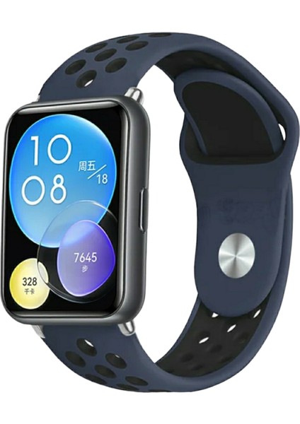 Huawei Watch Fit Uyumlu Delikli Spor Silikon Kordon Pim Çevirici Aparatı ile Birlikte Lacivert Siyah