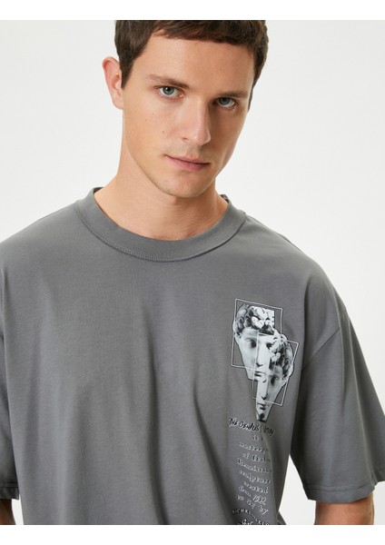 Önü ve Arkası Baskılı Tişört Kısa Kollu Bisiklet Yaka Pamuklu Rahat Kalıp