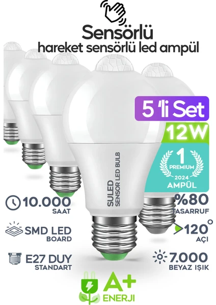 Hareket Sensörlü LED Lamba 5 Adet Ampül Beyaz Işık 12W A++ %80 Tasarruflu Otomatik Yanıp Söner