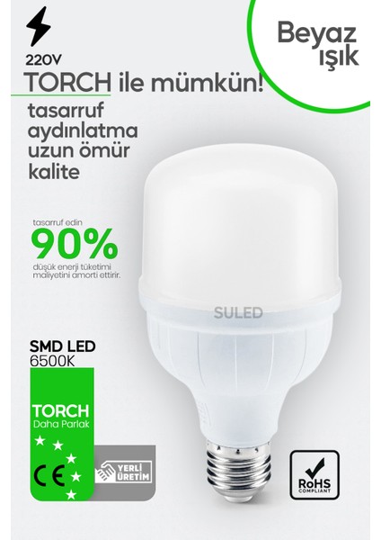 50W Torch Büyük Ampül 3 Adet Ultra Güçlü LED Işık Tasarruflu 4500LM 6500K Beyaz Işık Büyük Ampül E27