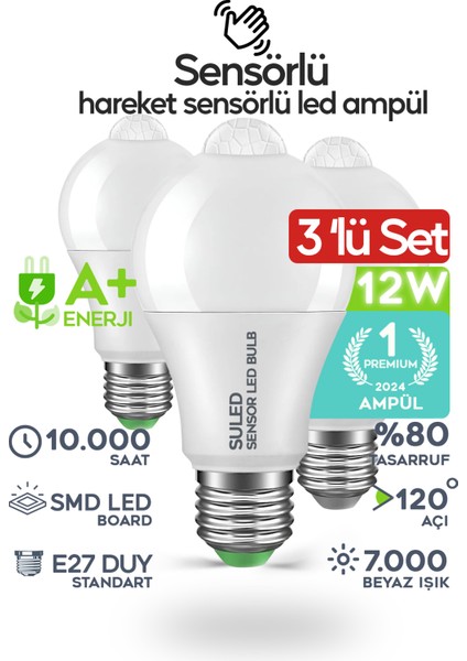 Hareket Sensörlü LED Lamba 3 Adet Ampül Beyaz Işık 12W A++ %80 Tasarruflu Otomatik Yanıp Söner