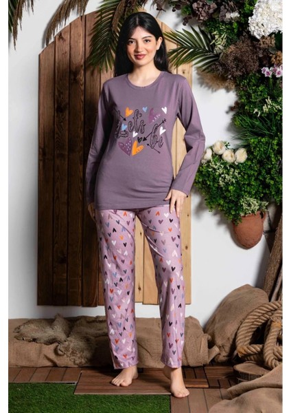 Kadı Pembe Sıfır Yaka Uzun Kol Likralı Kedi Desenli Kadın Pijama Takımı K803-151 fiyatları