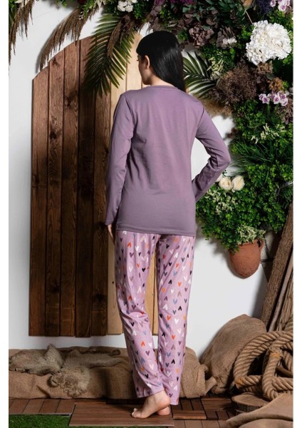 Kadı Pembe Sıfır Yaka Uzun Kol Likralı Kedi Desenli Kadın Pijama Takımı K803-151 modelleri