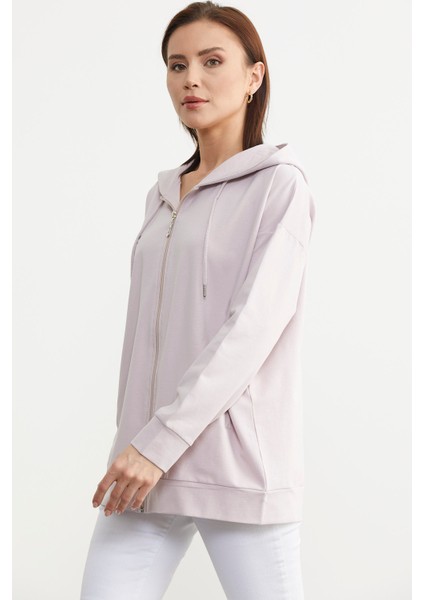 Fermuarlı Oversize Sweat - Pudra