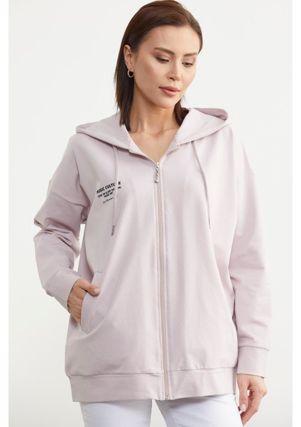Fermuarlı Oversize Sweat - Pudra