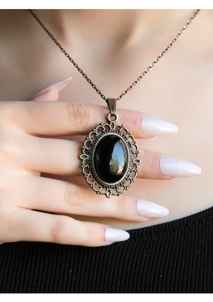 Doğal Taş Oniks Doğal Taşlı Otantik Kadın Kolye 45 cm Zincirli EUK13O