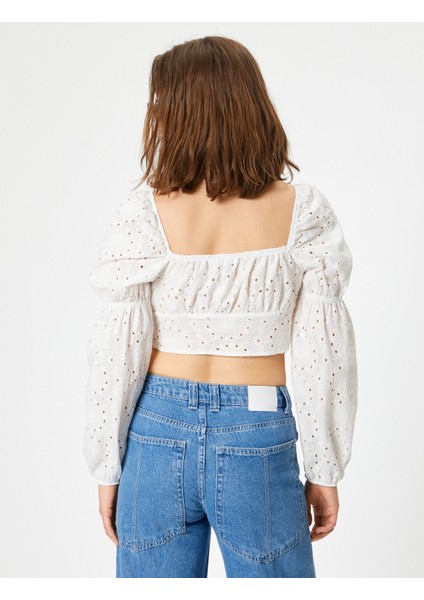 Fisto Crop Bluz Balon Kol Kalp Yaka Bağlama Detaylı Slim Fit fırsatları