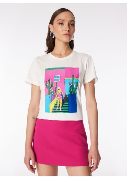 Bisiklet Yaka Baskılı Kırık Beyaz Kadın T-Shirt F4SL-TST0216