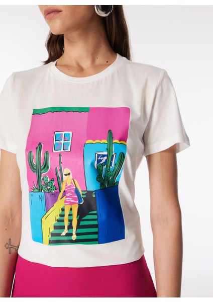 Bisiklet Yaka Baskılı Kırık Beyaz Kadın T-Shirt F4SL-TST0216 indirimleri