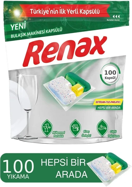 Renax Hepsi Bir Arada Bulaşık Makinesi Tableti 10'lu x 10 Paket ( Toplam 100 Kapsül )