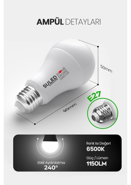 Tasarruflu LED Ampül 5'li Set 15W 1150LM Smd LED Beyaz Işık 6500K E27 Standart Lamba