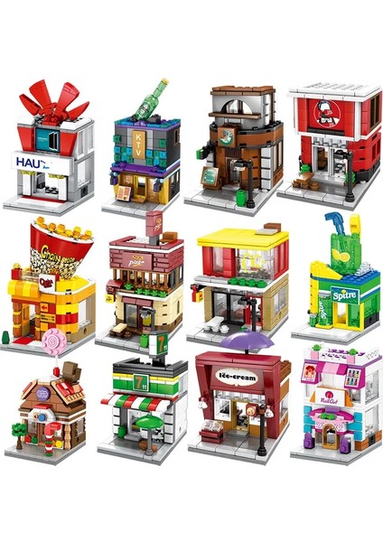 NO.601011 Stili Moc Sokak Görünümü Şehir Serisi Içecek Kahve Fast Food Pizza Ayakkabı Mağazası Model Bakkallar Yapı Taşları Set Oyuncaklar Çocuklar (Yurt Dışından)